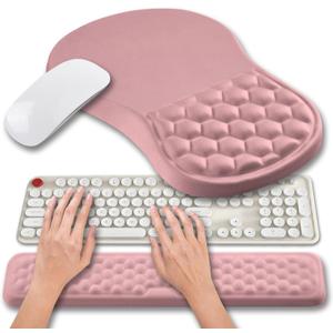 Hokafenle 2 in 1 Ergonomic Mouse Pad Wrist Support & Wrist Rest for Computer Keyboard Set, with Relieve Carpal Tunnel Pain Massage Bulge and Full Memory Gel Design (2In1 Set, Pink)