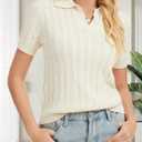 Womens Short Sleeve Sweaters V Neck Sweater Tops Cable Knit Pullover Solid Color Polo Shirt Casual Outfits, Medium