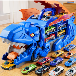 Dinosaur Planet Toddler Truck Toys for 3 4 5 6 Years Old Boys, Cars Track Set Dinosaur Transporter Truck with 10 Die-Cast Car Toys, Transforms into Dino with Wings and Handle for Kids. 4 Pack