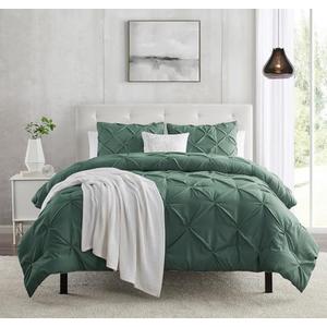 Twin Duvet Cover Set Pintuck - Forest Green 2 Piece With Button Closure, 1 Pinch Pleated Cover 68x90 Inches and 1 Pillow Sham, Luxury Bedding