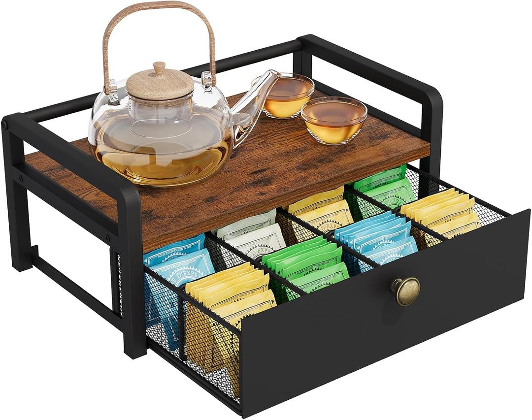 YINMIT Tea Bag Organizer, Tea Bag Holder with 8-Compartment Drawer, Wood Tea Box Organizers and Storage Chest, Tea Station Organizer for Countertop Kitchen, Rustic Brown