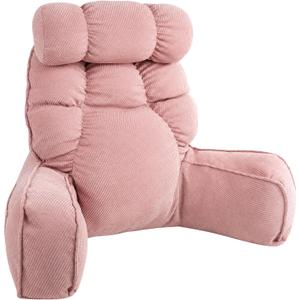 Pink Reading Pillow for Bed with Arms, 28" Tall Corduroy Backrest Pillows with Detachable Neck Roll & Side Pockets, Premium PP Cotton, Sitting Up Pillow for Watching TV, Gaming and Rest