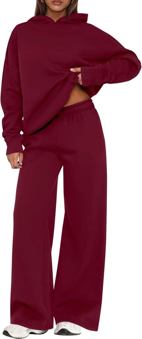 PRETTYGARDEN Womens Sweatsuits 2 Piece Set 2026 Casual Winter Long Sleeve Hoodie Loose Wide Leg Sweatpants Fall Tracksuit (Small, Red)