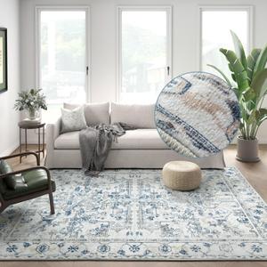 jinchan 6x9 Area Rug for Living Room Washable Soft Throw Rug Ultra-Thin Stain Resistant Non-Slip Distressed Vintage Floral Large Carpet for Bedroom,Dining Room,Home Office,Nursery (6x9ft,Blue)
