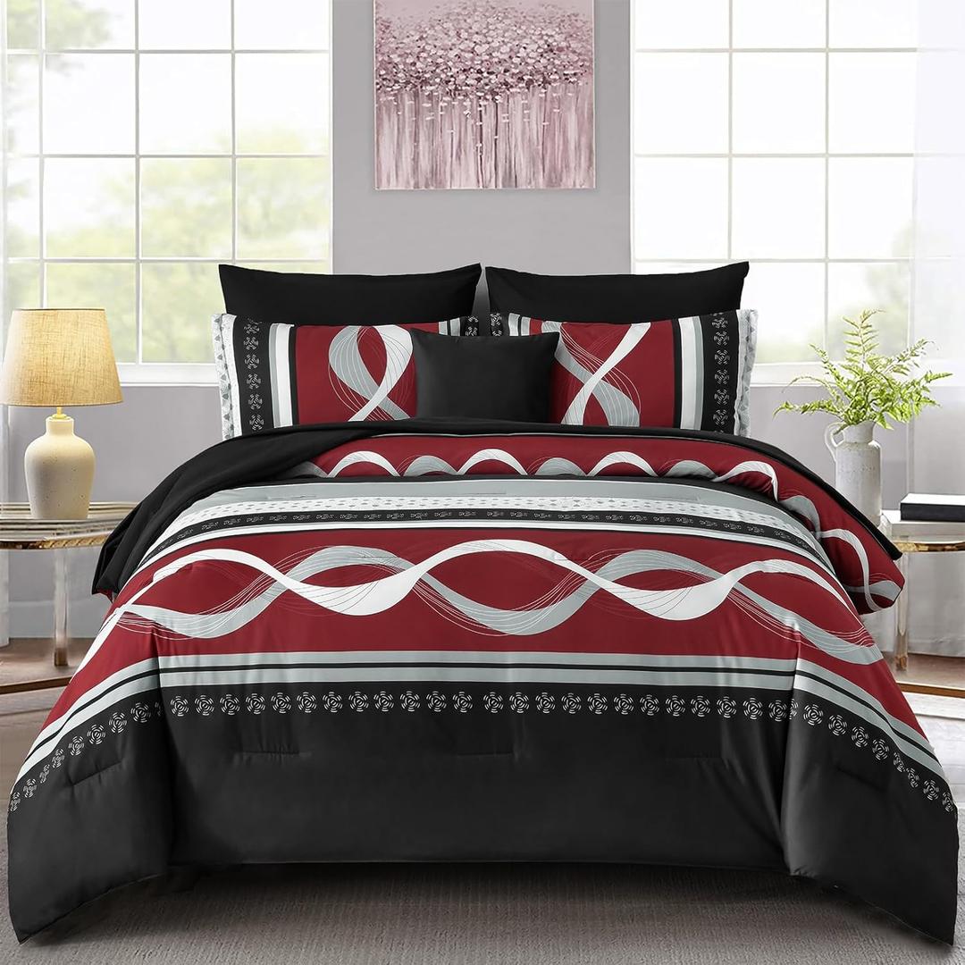 Anibedding Burgundy Comforter Set Queen Size, 8 Pieces Striped Bed in a Bag, Patchwork Comforter with Sheets Set Soft Microfiber Boho Bedding Sets(90"x90")