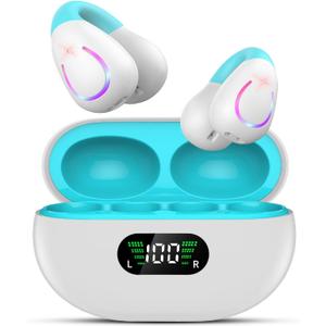 Comfort Clip On Earbuds, Bluetooth 6.1 Open Ear Bone Conduction Headphones, with Digital Display Charging Case Sport Earphones Built-in Mic Waterproof for Running Fitness Exercise, White-Blue