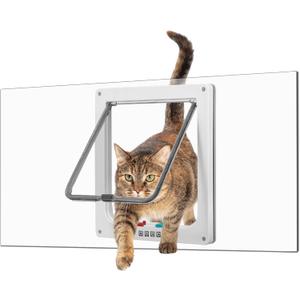 Cat Door for Window, Fits 14"-24" Width Window, Cat Window Door with 4 Locking Modes, Weatherproof Window Cat Door Insert, Magnetic Closure, Easy Installation, Clear Plexiglass