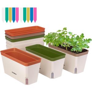 VIVOSUN Self-Watering Planters, 6-Pack 10.5 Inch Compact Rectangular Window Herb Planter Box with 10 PCS Plant Labels, Plant Container for Basil, Flowers, Succulents, Indoor & Outdoor