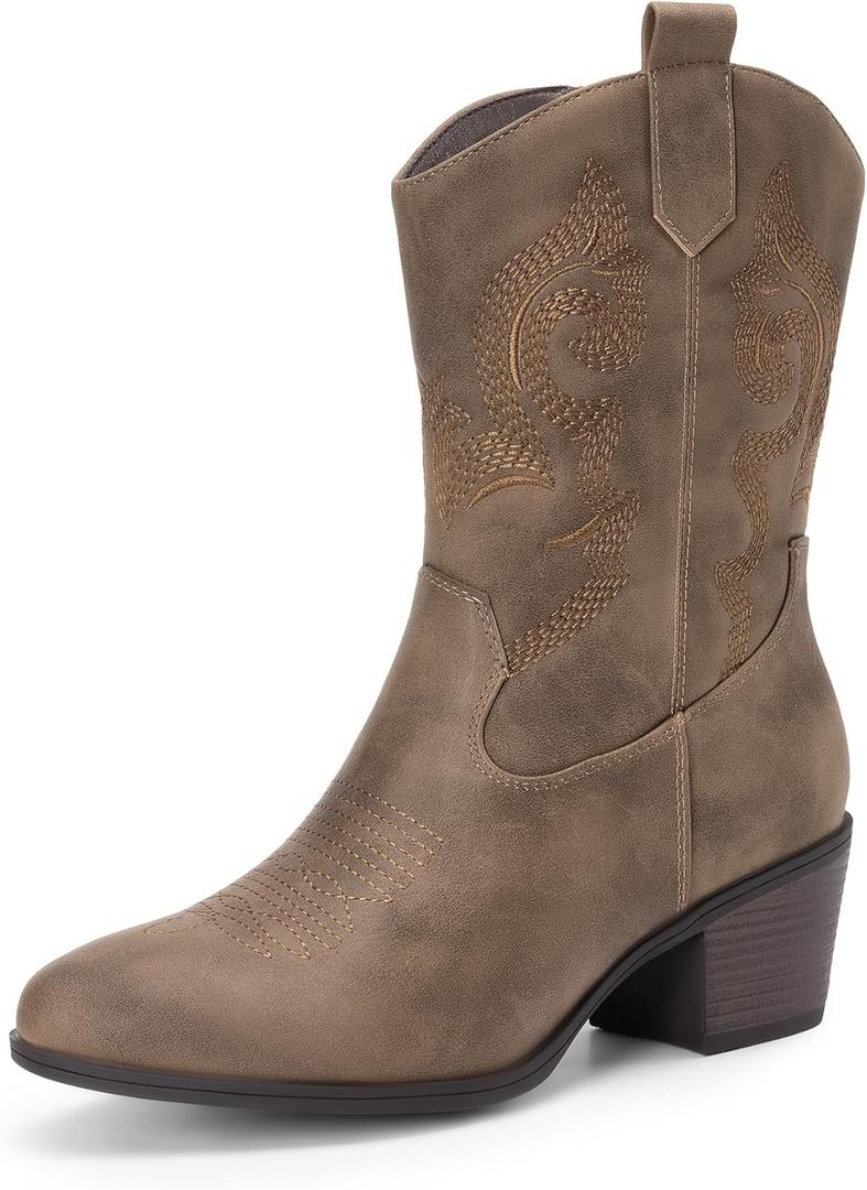 DREAM PAIRS Cowboy Boots for Women, Mid Calf Cowgirl Boots with Embroidery Round Toe Western Chunky Low Heel Shoes (11, Camel)