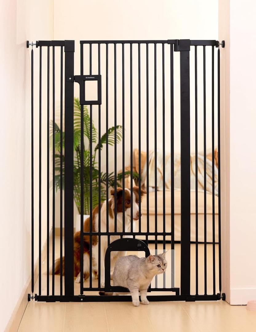 No Pawblems 55" Extra Tall Pet Gate with Adjustable Cat Door, 29-43" Auto Close Dog Gate, NO Drilling Pressure Mounted for Doorways/Hallways, 1.37" Narrow Bar Spacing, Black