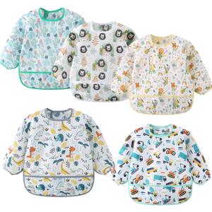 5 Pack Long Sleeve Bib,Baby Toddler Waterproof Sleeved Bib for 6-30 Months Reusable with Catch-all Pocket, Dino/Digger/Lion/Cactus/Animal