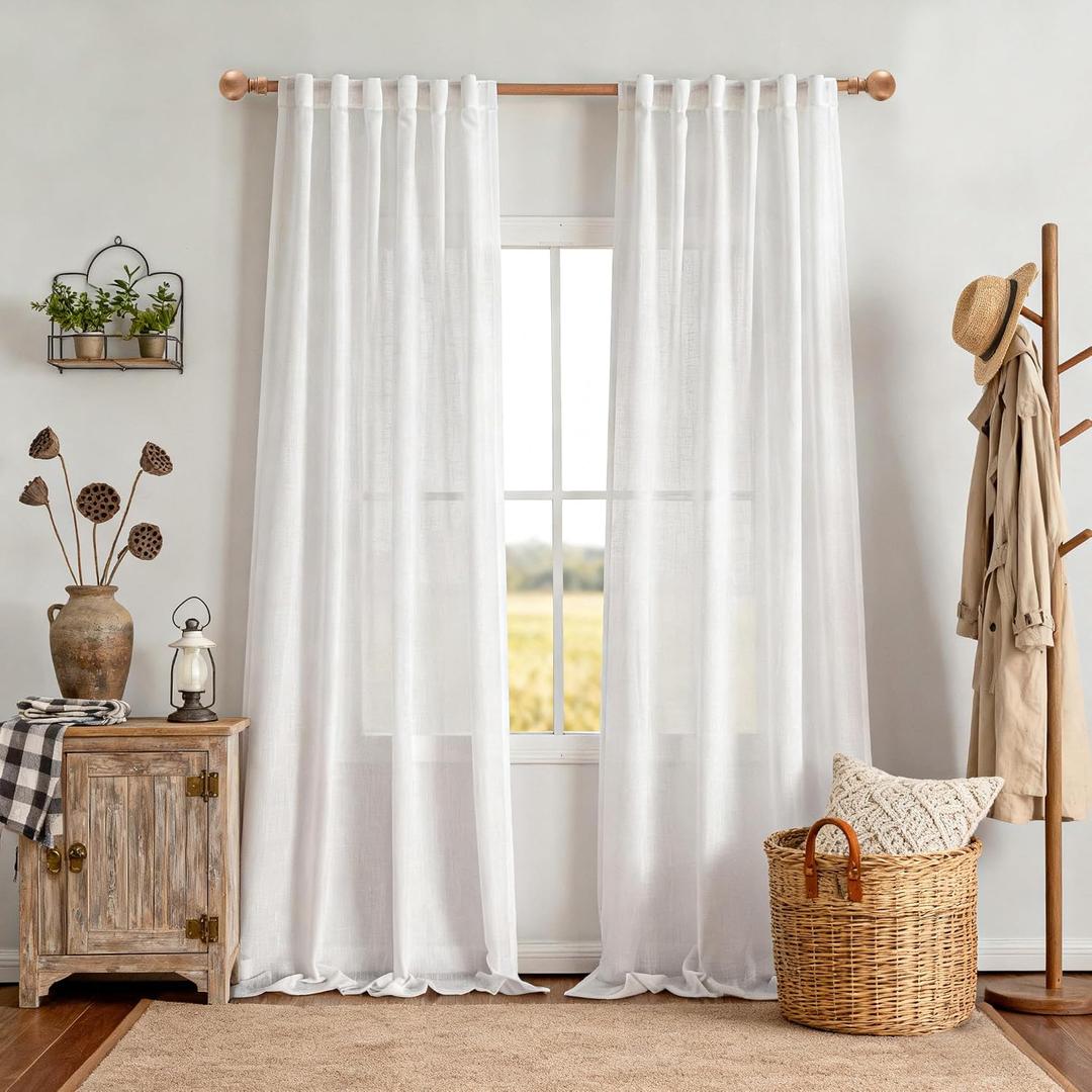 MYSKY HOME White Linen Curtains 96 Inches Long for Sliding Glass Door Semi Sheer Curtains Light Filtering Drapes Living Room Window Treatment Soft Boho Farmhouse Style, Pure White, 50" x 96", 2 Panels