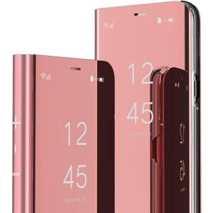 LEMAXELERS Case for Samsung Galaxy S24 FE: Slim Mirror Design Clear View Flip Bookstyle Ultra Slim Protecter Shell with Kickstand - Rose Gold