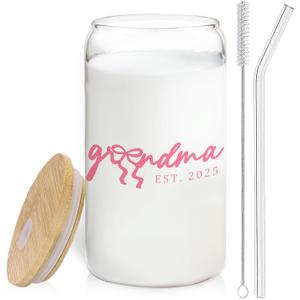BEHIFL Grandma Glass Cup with Lids and Straws 14oz, Best Mother's Day Birthday Gifts for Grandma from Grandkids, Grandmother Gifts Glass Iced Coffee Tumbler Drinking Jars with Cleaning Brush