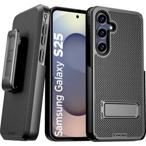 Designed for Samsung Galaxy S25 Case with Belt Clip Holster - Compatible with MagSafe Magnetic Heavy Duty Phone Cover with Kickstand - Black