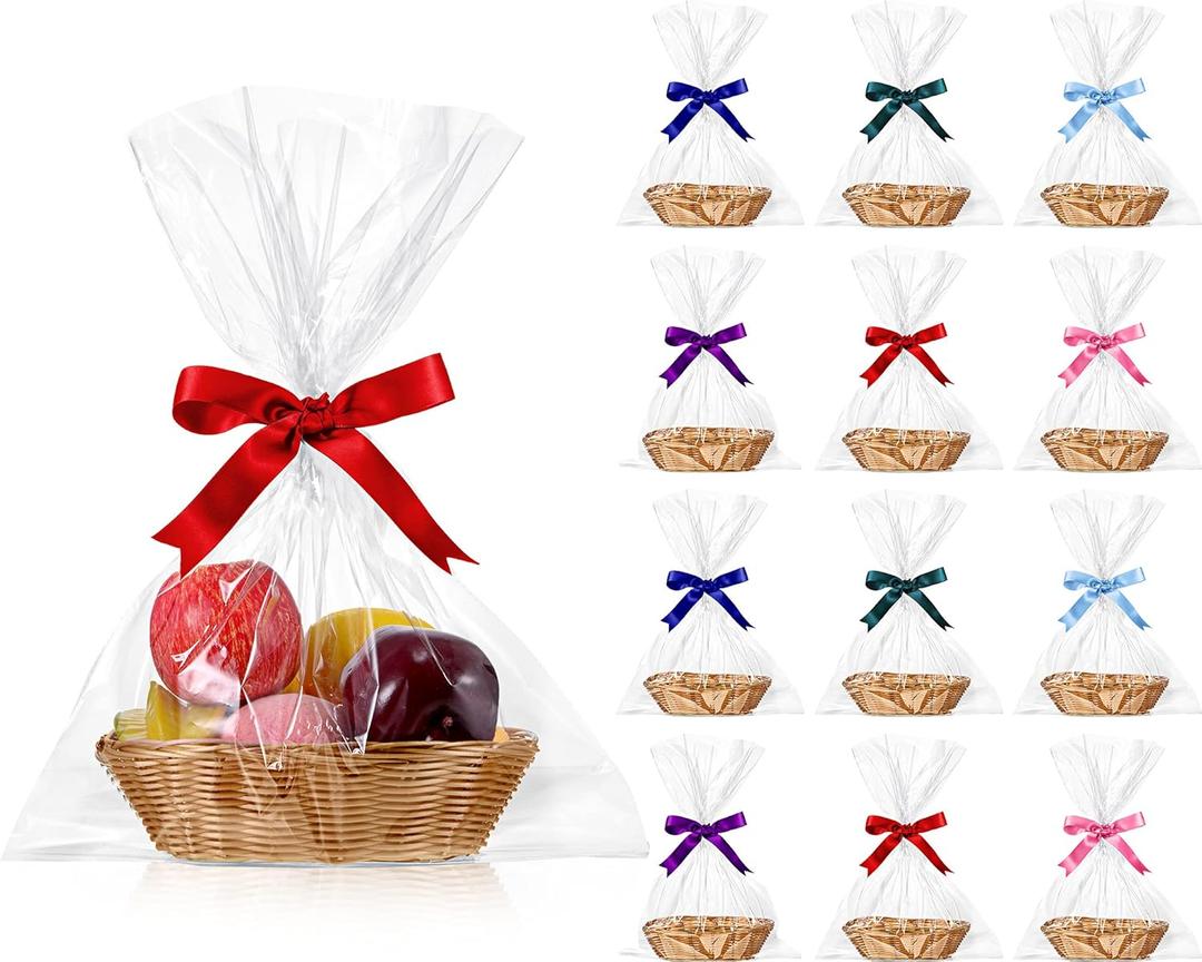 Blulu 12 Pieces Valentine's Day Basket Empty for Gifts Oval Basket Food Storage Fruit Baskets with 6 Rolls Colorful Ribbons and 30 Clear Gift Bags for Kitchen Restaurant 9 x 6 x 2.24 Inches