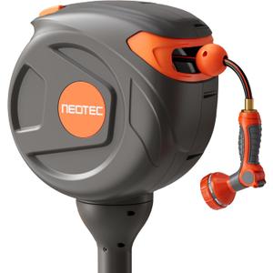 Retractable Garden Hose Reel 360 Swivel 82 ft 1/2 Inch Ground-Mounted Freestanding Water Hose Reel No-Drill Installation Any-Length Lock 20% Slow Return for Large Yard Lawn Car Washing