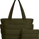 TOPDesign Puffer Tote Bag for Women, Lightweight Puffy Handbag with Compartments, Quilted Shoulder Bag for Work, Travel, Gym (Medium, Dark Green)