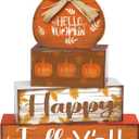 4 Pcs Fall Thanksgiving Decor for Home Hello Pumpkin Wooden Signs with Blessed Autumn Tiered Tray Decor Farmhouse Pumpkin Table Centerpiece Maple Leaf Block Signs for Thanksgiving Office Kitchen Shelf