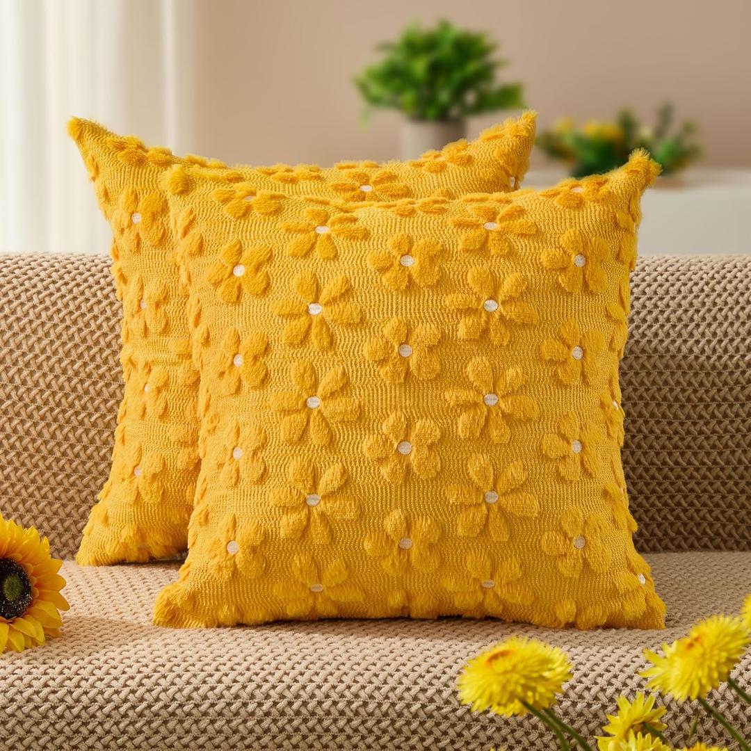 DFXSZ Spring Summer Pillow Covers 18x18 inch Set of 2 Farmhouse Decor White Flower Heart Daisy Soft Plush Faux Fur Jacquard Throw Pillows for Bedroom Sofa Holiday Spring Summer Home Decor PTK024AY18