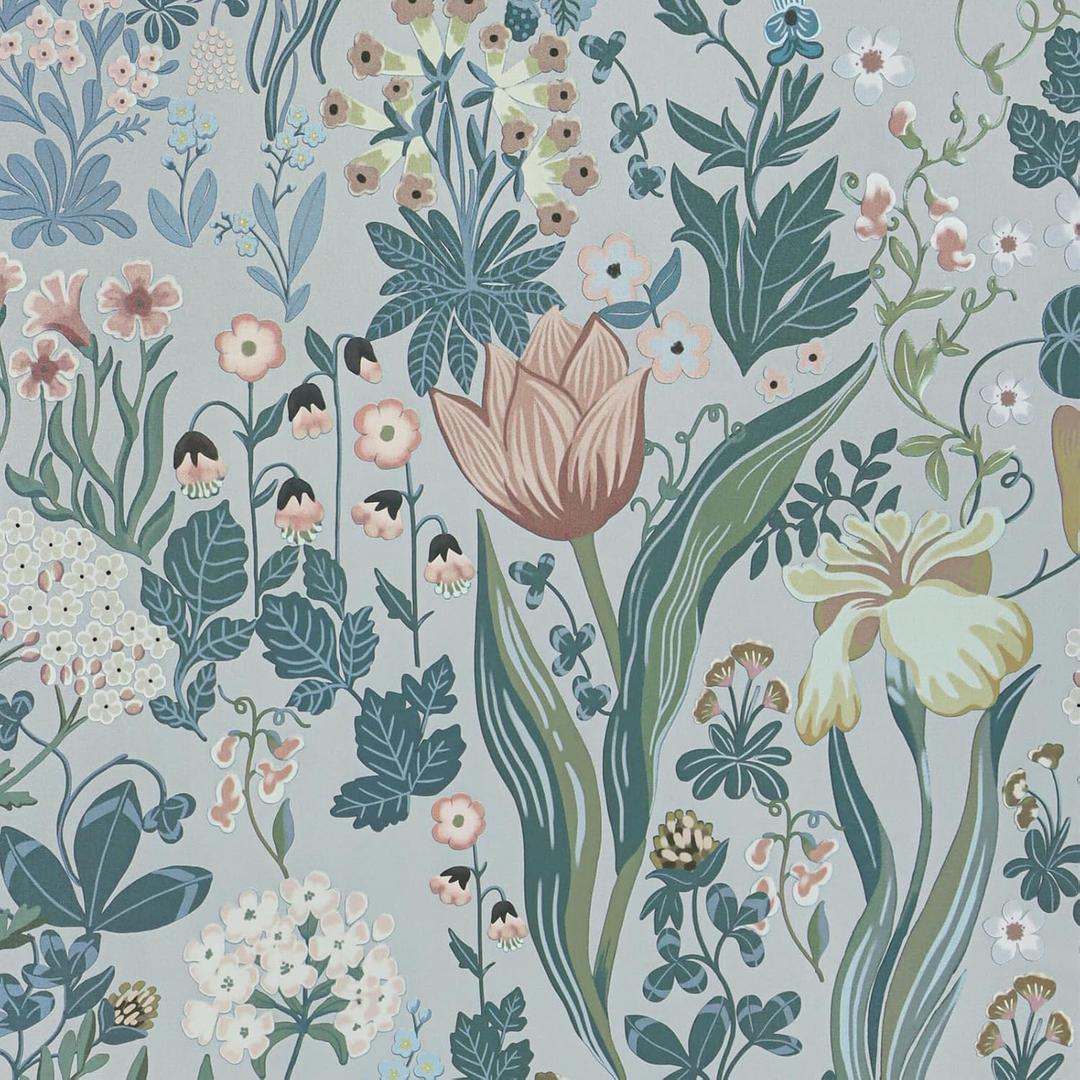 Peel and Stick Wallpaper Vintage Wall Paper Gray Blue Floral Contact Paper Removable Wallpaper 17.3"x196.8" Leaf Flower Self Adhesive for Bedroom Drawer Decor Vinyl Rolls