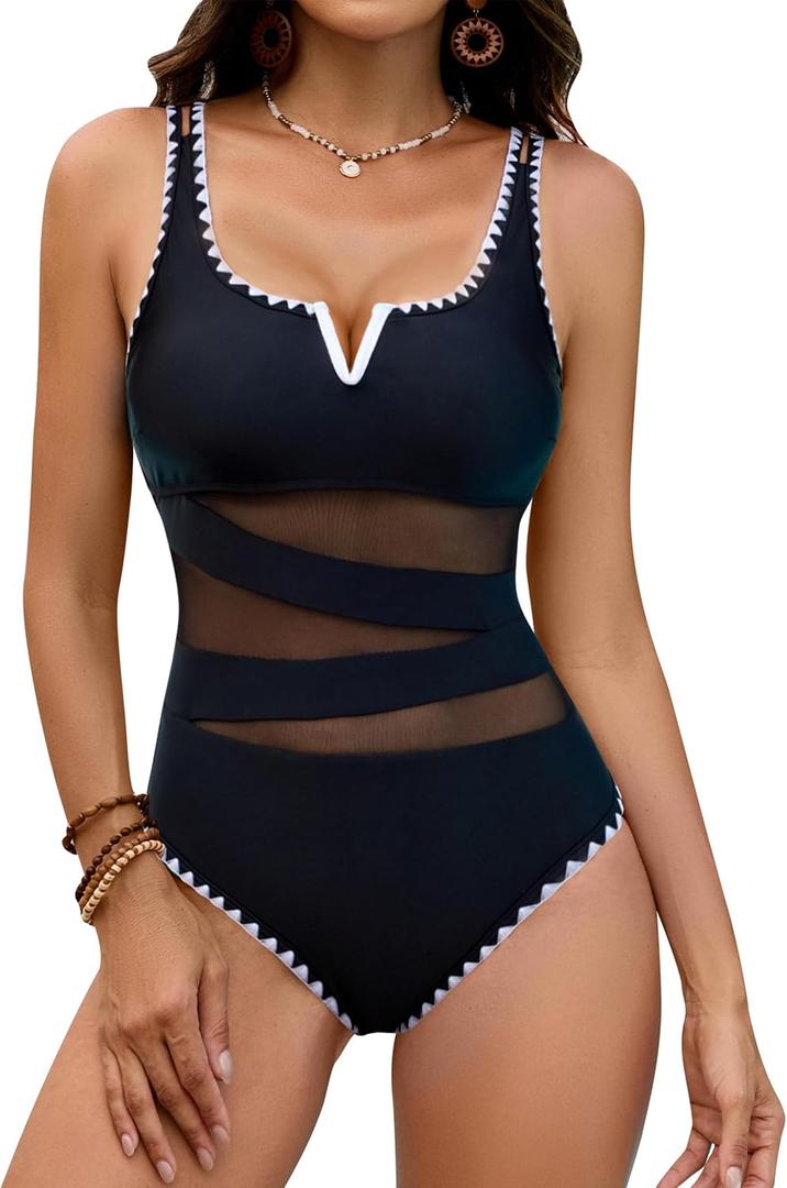 Blooming Jelly Women One Piece Swimsuit Sexy Mesh Swim Suit Tummy Control Slimming Bathing Suit Neon Sport Swimwear (Small, Black White)