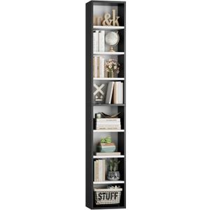 FOTOSOK 8-Tier Media Tower Rack, 11.6 X 9.3 X 71 Inches CD DVD Slim Storage Cabinet with Adjustable Shelves, Tall Narrow Bookcase Display Bookshelf for Home Office, Black/White