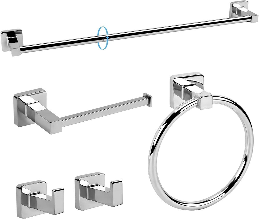 5 Pieces Polished Chrome Bathroom Hardware Accessories Set,Stainless Steel 23.6" Hand Towel Bar Set, Toilet Paper Holder, Towel Ring Towel Rack Set Silver