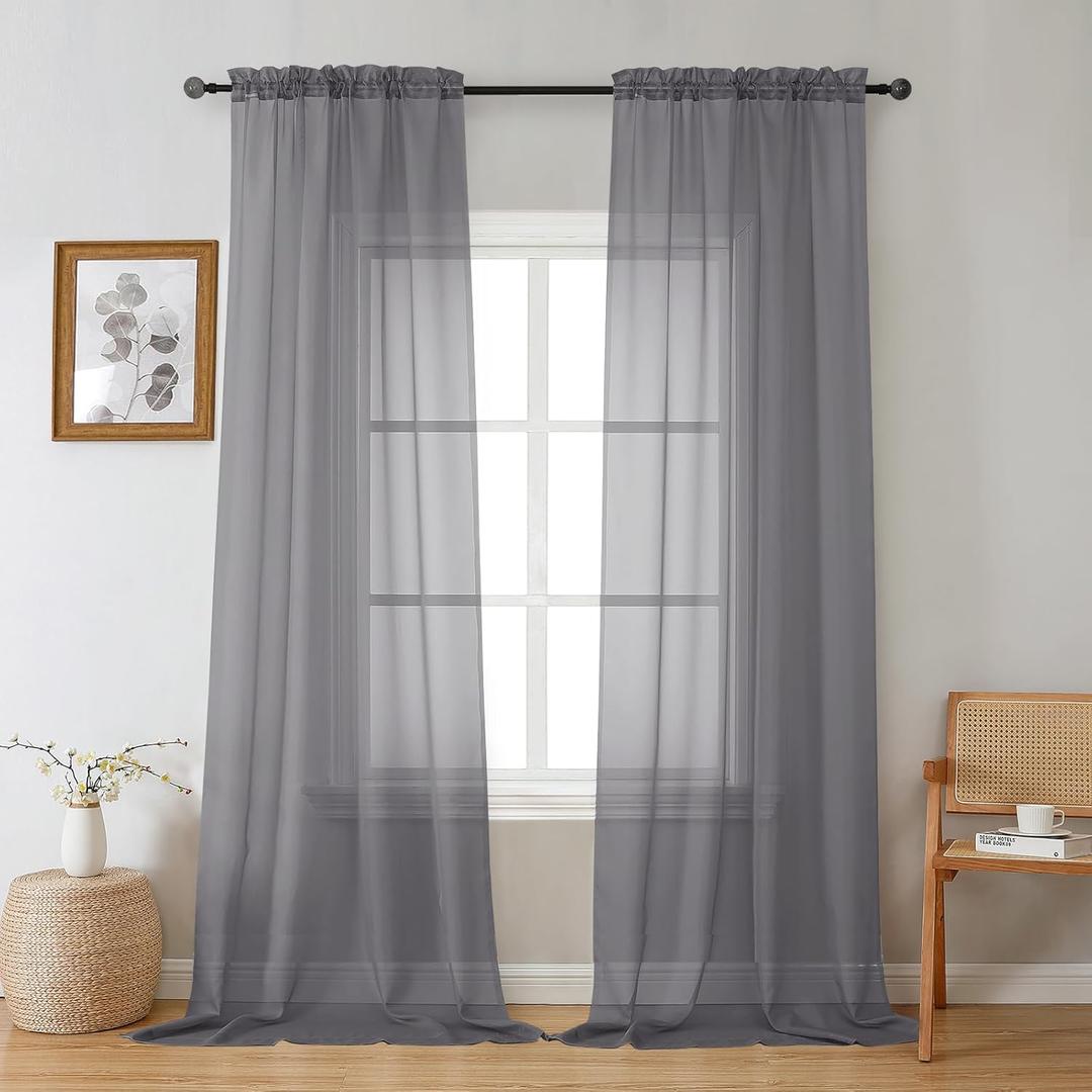 Gwine Charcoal Grey Sheer Curtains 96 Inches Long 2 Panels, Elegant Window Treatments Voile Curtains for Living Room, Light Filtering Rod Pocket Sheer Drapes, Each 42" Wx96
