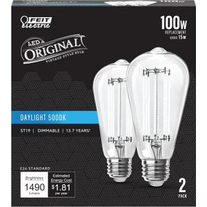 Feit Electric ST19 Vintage Edison LED Light Bulb, 100W Equivalent, Dimmable, 5000K Daylight, 1490 Lumens, E26 Base, Retro Filament Light Bulbs, 15,000-Hour Lifetime, ST19100CL/950CA/2, 2 Pack