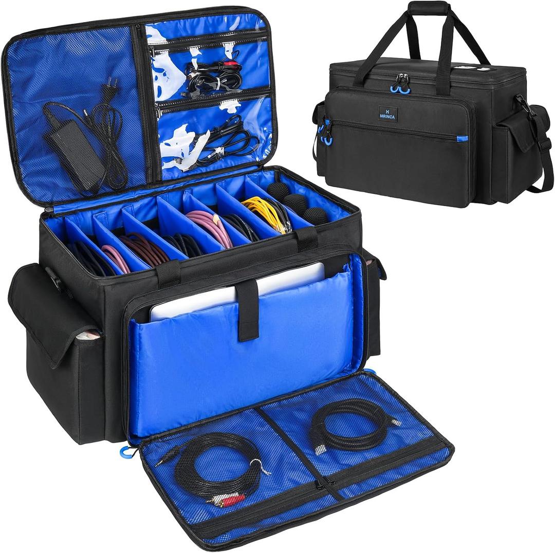 Large DJ Cable Bag with 16" Laptop Compartment & Mic Pockets, Professional DJ Equipment & Accessories Organizer Bag with 7 Adjustable Dividers, DJ Gig Bags for Musicians, Travel, Hard Bottom, Blue