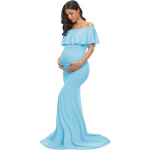 Glampunch Womens Off Shoulder Maternity Dress Ruffles Elegant Slim Gowns Fit Maxi Photography Dress (XX-Large, Sky Blue)