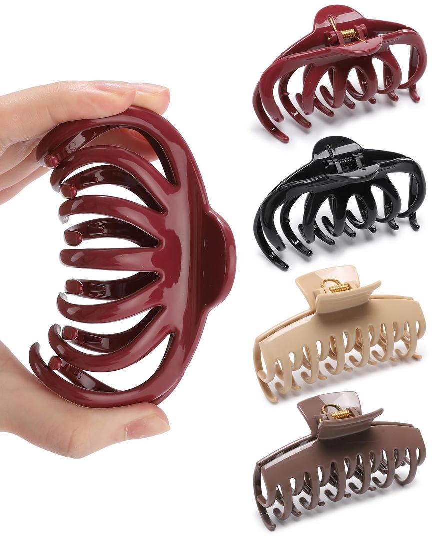 Lourny Silicone Hair Clips for Women, 4 PCS Non-Slip Strong Hold Flexible Cloud Claw Clips for Thin or Thick All-Day Comfort Large Hair Clips(Light Brown + Dark Brown + Red + Black(Claw))