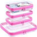 4 pcs Clear Zipper Pouches, Hard Shell Zipper Case, Makeup Organizer Travel Toiletry bag, Diaper Bag, Travel Organizer, Clear Cosmetic Bag,Toy Storage Bins (M+3S Pink)