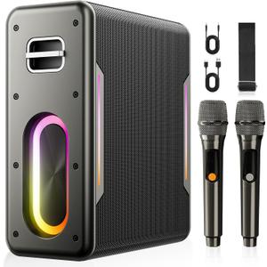 Karaoke Machine with 2 Wireless Microphones, Portable Bluetooth Karaoke Speaker for Adults, 2 Voice Mode & LED Party Lights, Party Birthday Gifts for Kids Family,Supports BT/TWS/AUX/USB/TF (Black)