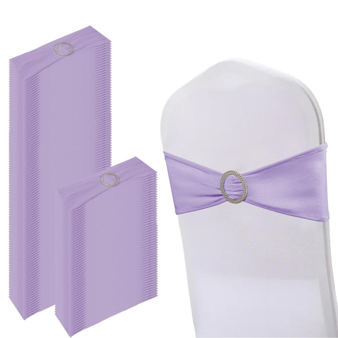 150 Pack Spandex Stretch Chair Sashes Bows, Elastic Stretch Chair Cover Bands Ties with Buckle Slider for Wedding Party Ceremony Reception Event Banquet Decoration (Purple)