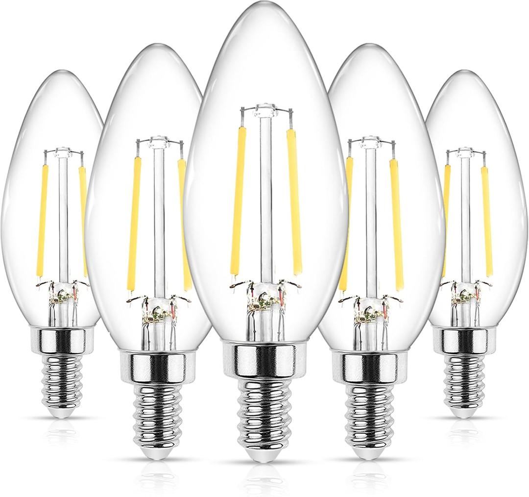 Ascher E12 LED Classic Candelabra Clear Light Bulbs 4W, Equivalent 40W, Daylight White 5000K, Non-Dimmable, Filament Clear Glass 5 Pack, 2 Packs