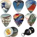 Guitar Picks - Cheliz 9 Medium Gauge Celluloid Guitar Picks In a Box W/Picks Holder. Unique Guitar Gift For Bass, Electric & Acoustic Guitars (Japanese Culture)