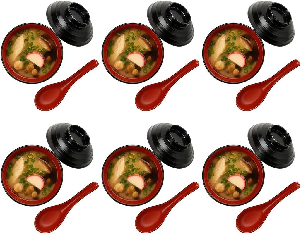 Set of 6 Japanese Miso Soup Bowls with Lids and Spoons, 11 oz Black and Red, Rice Snack Dessert Bowl Set (Small)