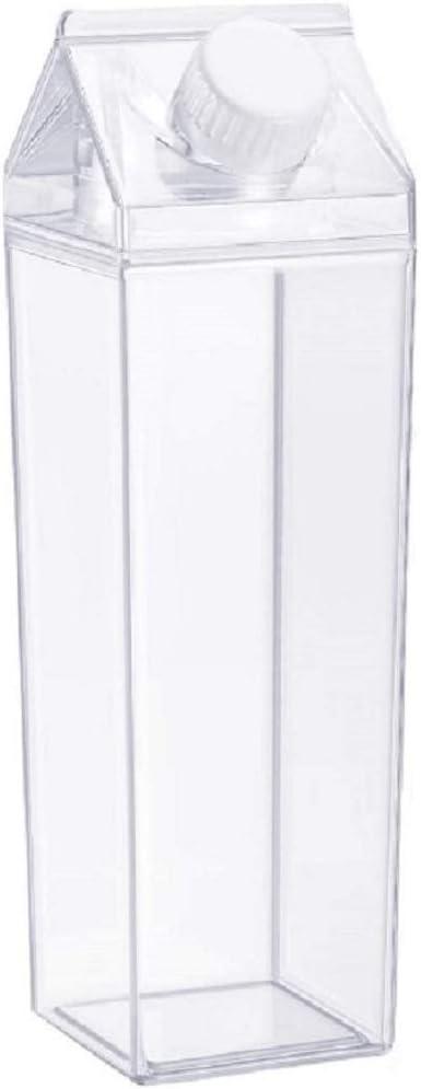 Milk Carton Water Bottle 17oz (500mL) Plastic Clear Square Milk Bottles No BPA Leakproof Water Bottle Portable Reusable Milk Carton Shaped Juice Bottle Perfect for Fitness Gym Camping Sports