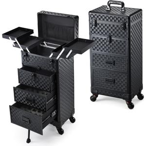 Stagiant Rolling Makeup Case with Drawers Cosmetology Case on Wheels 4 IN 1 Makeup Case 3 Drawers with Foot Stand Spring-release Mechanism Rolling Make Up Organizer for Artist Salon Nail Teach Trunk