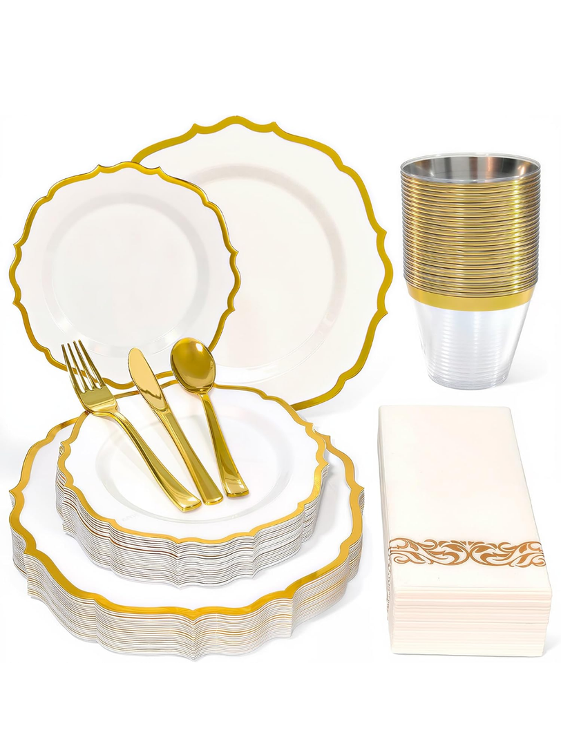 175 Plastic Dinnerware Set Gold Disposable Dinnerware Set for 25 Guests Include 50 Plastic Plates 25 Silverware Set 25 Cups and 25 Napkins for NewYear Party Wedding Birthday