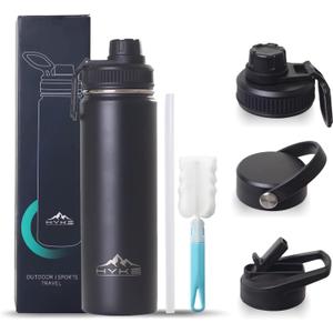 24oz Insulated Water BottleVacuum Stainless Steel Bottle with Straw, Spout, Handle, 3 LidsLeak Proof, BPA Free, Fits Cup HoldersMetal Thermos for Hiking, Gym, Car, Bike (Black)