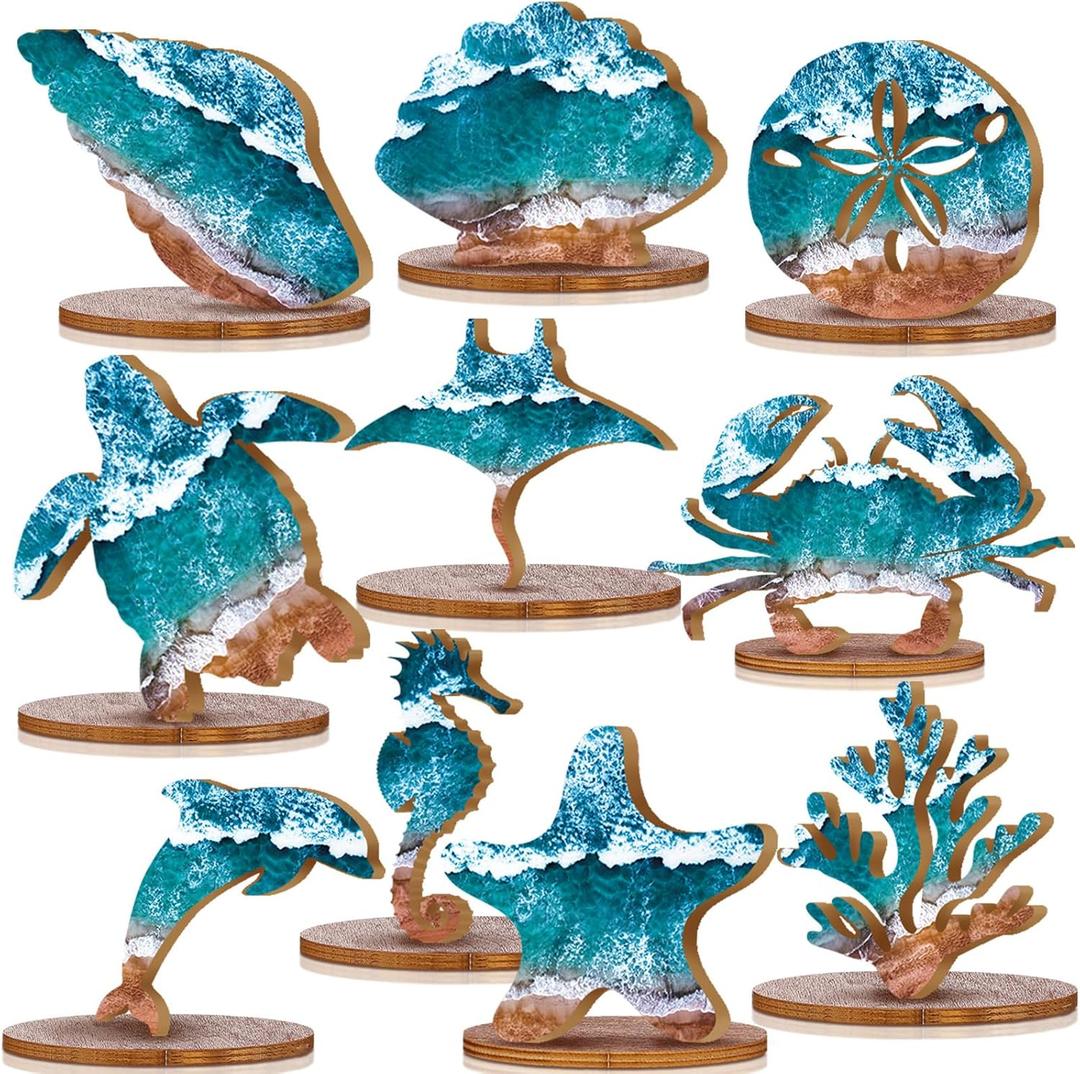 Threehoney 10 Pcs Ocean Wood Table Sign Under the Sea Wooden Tabletop Decor Sea Animal Coastal Beach Table Centerpiece Nautical Block Summer Decoration for Home Party Supplies (Rustic Style)