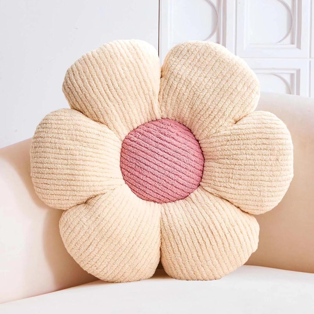 Ivory Flower Decorative Throw Pillows - Cute Daisy Shaped Plush Pillow, 14.9" Soft Floor Seat Cushion