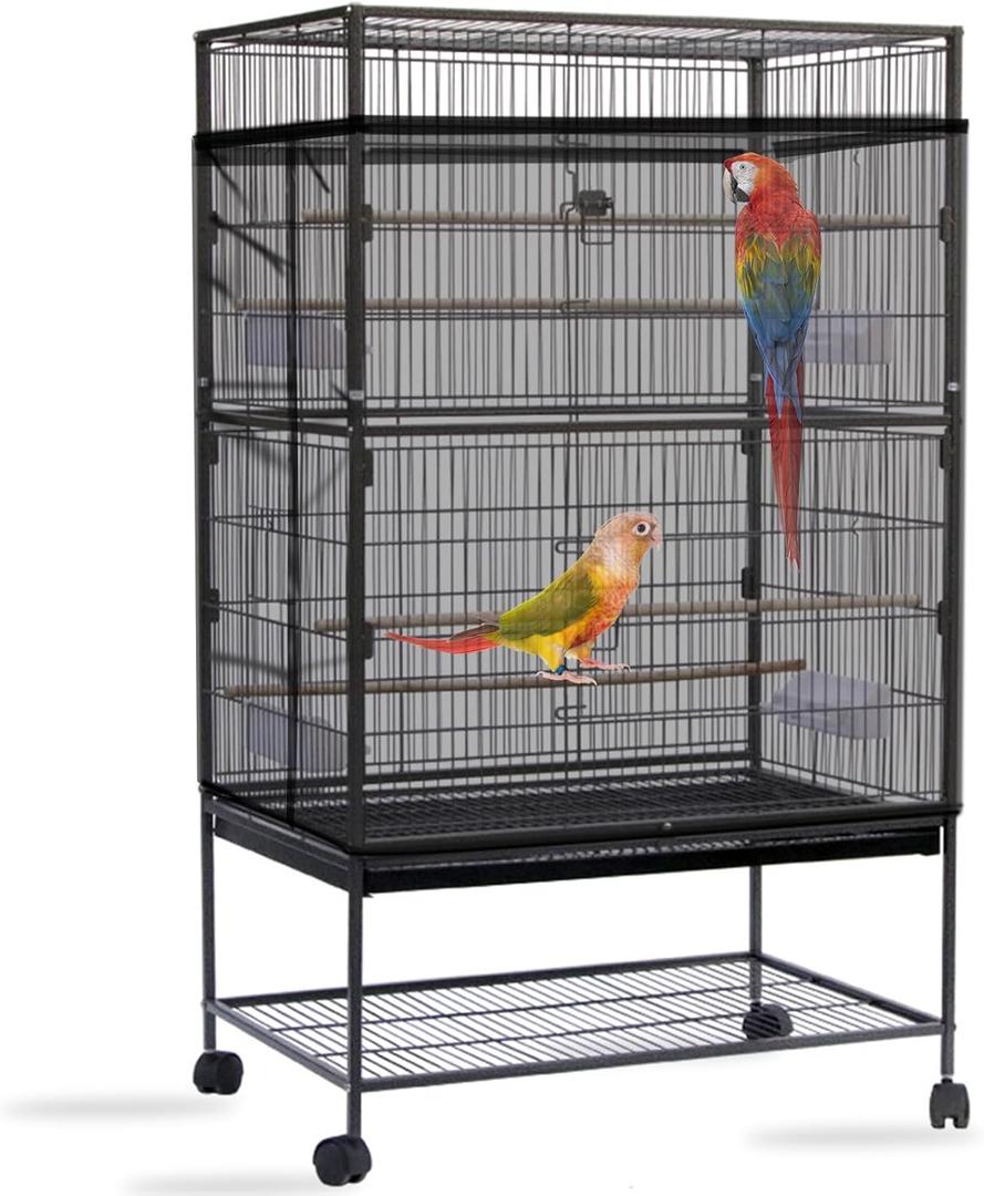 Daoeny Bird Cage Seed Catcher, Large Bird Cage Cover, Adjustable Soft Airy Nylon Mesh Net, Birdcage Cover Skirt Seed Guard for Parrot Parakeet Macaw African Round Square Cages (Black)