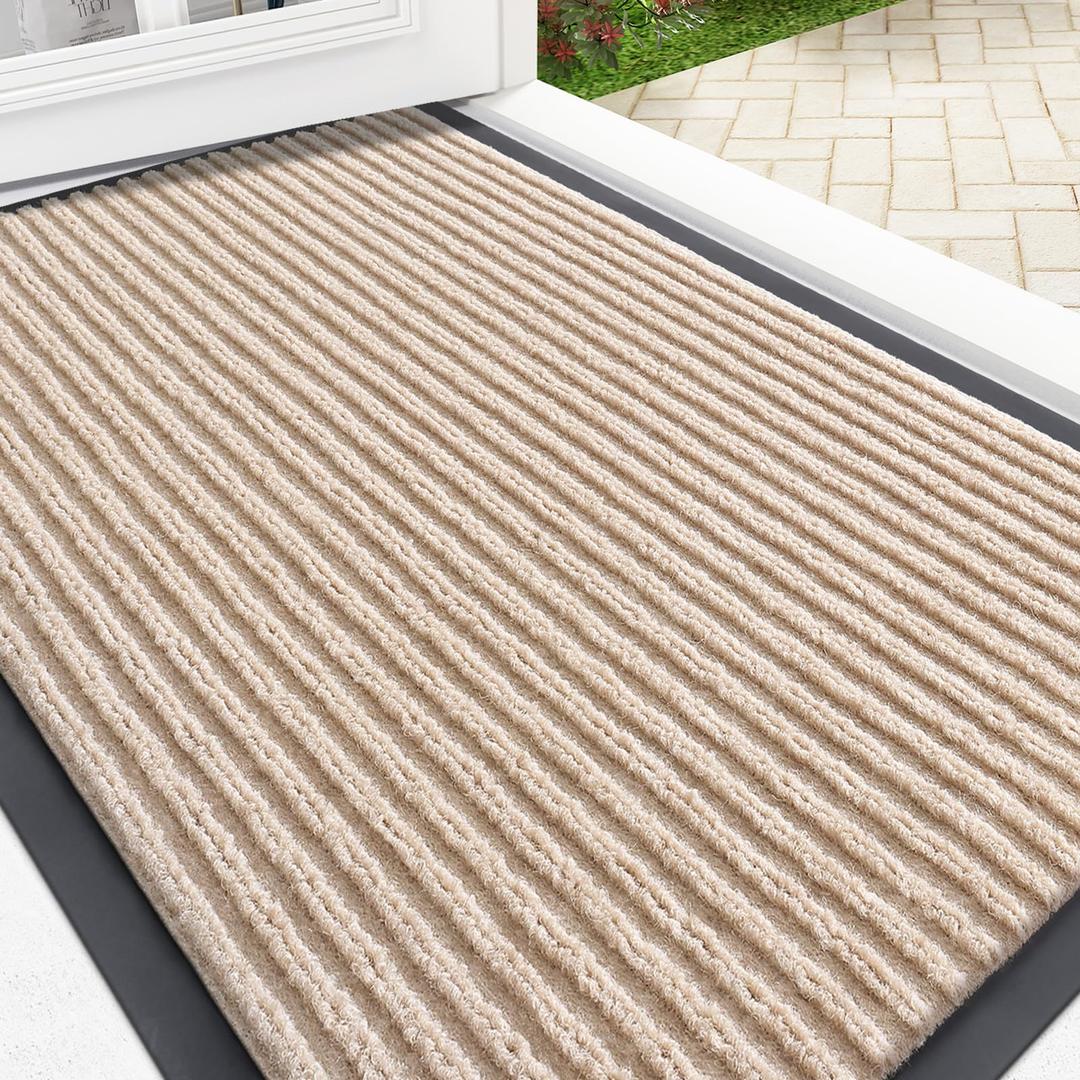 OLANLY Front Door Mat Indoor Outdoor Entrance, Waterproof Heavy Duty Doormat, Fade Resistant, Low Profile, Easy Clean Patio Porch Welcome Floor Mats for Entry, 59x40, Beige