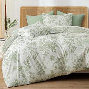 PHF Ultra Soft Floral Duvet Cover Queen Size, Printed Bedding Set 3 Pieces, Comfy Farmhouse Pattern Duvet Cover Set with 2 Pillow Shams, Zipper Closure and 8 Ties, 90"x90", Flower-Green