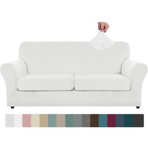 ZNSAYOTX Oversized Velvet 3 Piece Couch Cover with 2 Extra Large Seat Cushion Covers Stretch Sofa Cover for 2 Cushion Couch Thick Loveseat Sofa Slipcover for Living Room (White), 72"-92"(2 Cushions)