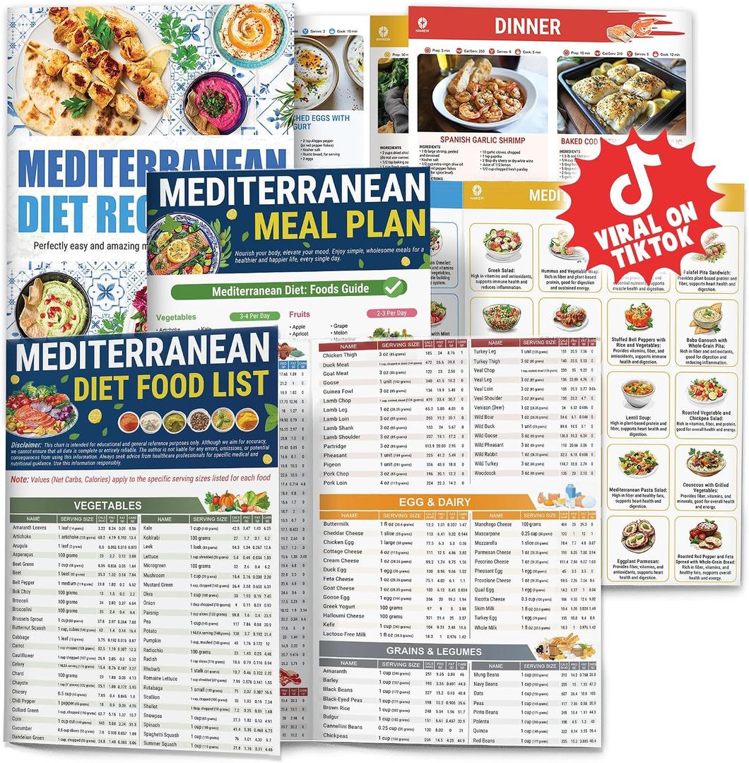 Set 3 Mediterranean Diet Chart Food List 2026, Mediterranean Ingredient Meal Plan, Serving Sizes Calories Net Carbs, Weight Loss Diet, Diabetes-Friendly, Heart Healthy, Easy Recipes for Beginners